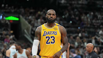 Nov 27, 2024; San Antonio, Texas, USA;  Los Angeles Lakers forward LeBron James (23) looks over in the second half against the San Antonio Spurs at Frost Bank Center. Mandatory Credit: Daniel Dunn-Imagn Images
