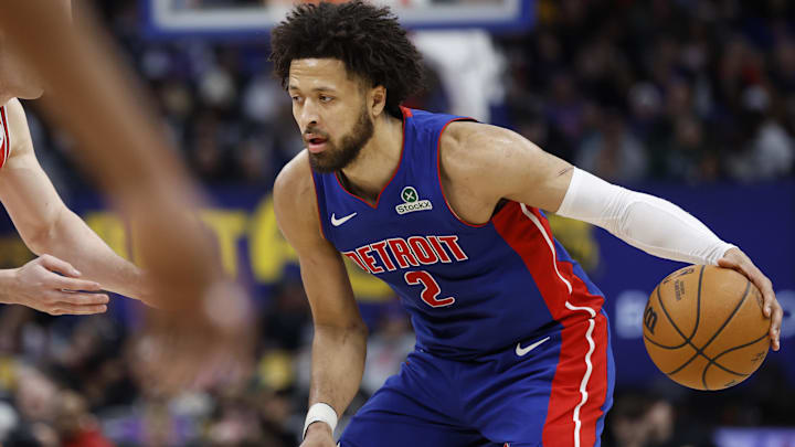 Feb 2, 2025; Detroit, Michigan, USA; Detroit Pistons guard Cade Cunningham (2) dribbles in the second half against the Chicago Bulls at Little Caesars Arena. Mandatory Credit: Rick Osentoski-Imagn Images