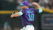 May 10, 2025; Phoenix, Arizona, USA; Arizona Diamondbacks pitcher Corbin Burnes (39) pitches against the Los Angeles Dodgers during the first inning at Chase Field. Mandatory Credit: Joe Camporeale-Imagn Images
