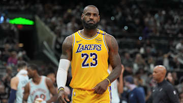 Nov 27, 2024; San Antonio, Texas, USA;  Los Angeles Lakers forward LeBron James (23) looks over in the second half against the San Antonio Spurs at Frost Bank Center. Mandatory Credit: Daniel Dunn-Imagn Images