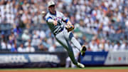 May 17, 2025; Bronx, New York, USA; New York Mets third baseman Brett Baty (7) throws out New York Yankees shortstop Anthony Volpe (not pictured) on a ground ball during the second inning at Yankee Stadium. Mandatory Credit: Brad Penner-Imagn Images