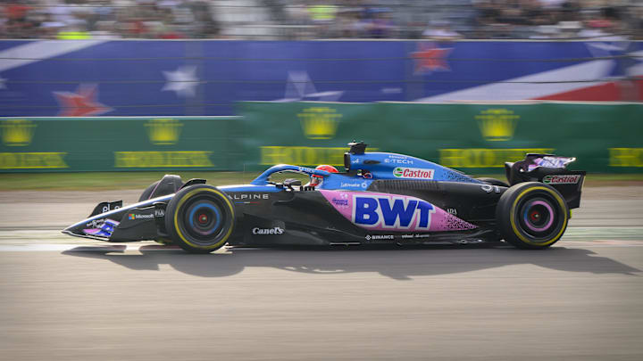 Oct 21, 2023; Austin, Texas, USA; BWT Alpine F1 driver Esteban Ocon (31) of Team France drives during the Sprint Race of the 2023 United States Grand Prix at Circuit of the Americas. Mandatory Credit: Jerome Miron-Imagn Images