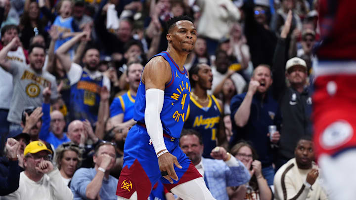 Denver Nuggets guard Russell Westbrook (4) reacts after a three point score in the second quarter against the LA Clippers during game seven of first round for the 2025 NBA Playoffs at Ball Arena. Denver Nuggets guard Russell Westbrook (4) reacts after a three point score in the second quarter against the LA Clippers during game seven of first round for the 2025 NBA Playoffs at Ball Arena.