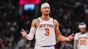 Dec 9, 2025; Toronto, Ontario, CAN;  New York Knicks guard Josh Hart (3) looks on against the Toronto Raptors during the second half at the 2025-26 NBA Emirates Cup at Scotiabank Arena. Mandatory Credit: Kevin Sousa-Imagn Images