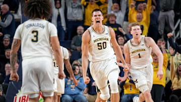 Vladislav Goldin #50 of the Michigan Wolverines reacts against the Purdue Boilermakers at Crisler Arena on February 11, 2025 in Ann Arbor, Michigan. 