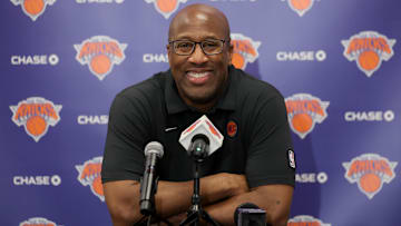 Sep 23, 2025; New York, NY, USA; New York Knicks head coach Mike Brown speaks to the media during a media day press conference at the Madison Square Garden training center. Mandatory Credit: Brad Penner-Imagn Images