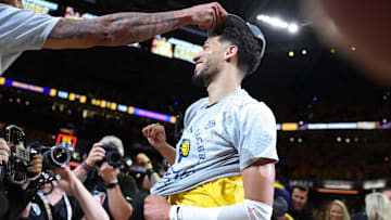 Indiana Pacers guard Tyrese Haliburton reacts after Game 6 of the Eastern Conference Finals against the New York Knicks.