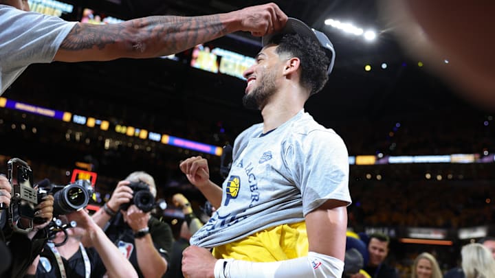 Indiana Pacers guard Tyrese Haliburton reacts after Game 6 of the Eastern Conference Finals against the New York Knicks. Indiana Pacers guard Tyrese Haliburton reacts after Game 6 of the Eastern Conference Finals against the New York Knicks.