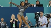 Jul 28, 2024; Paris, France; Simone Biles of the United States performs on the floor exercise in womenís qualification during the Paris 2024 Olympic Summer Games at Bercy Arena. Mandatory Credit: Kyle Terada-USA TODAY Sports