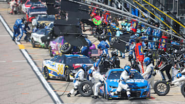 May 11, 2025; Kansas City, Kansas, USA; NASCAR Cup Series driver Kyle Larson (5) is at the front of pit row during the AdventHealth 400 at Kansas Speedway. Larson won the race.