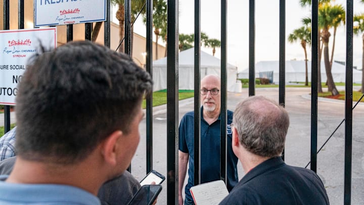 Major League Baseball Players Association chief negotiator Bruce Meyer talks to reporters about contract negotiations at Roger Dean Stadium in Jupiter, Florida on February 23, 2022.