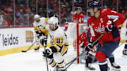 Apr 4, 2024; Washington, District of Columbia, USA; Pittsburgh Penguins center Sidney Crosby (87) and Washington Capitals left wing Alex Ovechkin (8) chase the puck in the second period at Capital One Arena. Mandatory Credit: Geoff Burke-Imagn Images