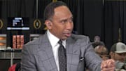 Jan 20, 2025; Atlanta, GA, USA; ESPN personality Stephen A. Smith on the ESPN First Take set at the CFP Fan Central at the George World Congress Center. Mandatory Credit: Kirby Lee-Imagn Images