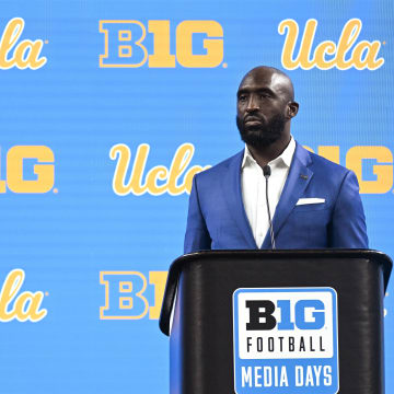 Jul 24, 2024; Indianapolis, IN, USA;  UCLA Bruins head coach DeShaun Foster speaks to the media during the Big 10 football media day at Lucas Oil Stadium. Mandatory Credit: Robert Goddin-USA TODAY Sports