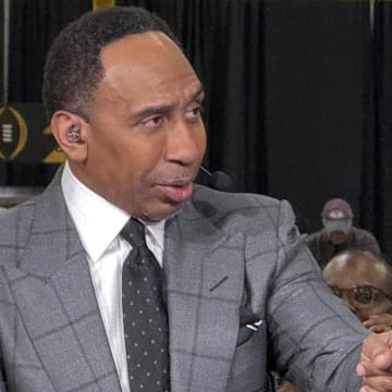 Jan 20, 2025; Atlanta, GA, USA; ESPN personality Stephen A. Smith on the ESPN First Take set at the CFP Fan Central at the George World Congress Center. Mandatory Credit: Kirby Lee-Imagn Images