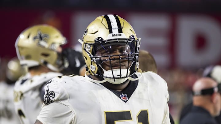 Oct 20, 2022; Glendale, Arizona, USA; New Orleans Saints center Cesar Ruiz (51) against the Arizona Cardinals at State Farm Stadium. Mandatory Credit: Mark J. Rebilas-Imagn Images