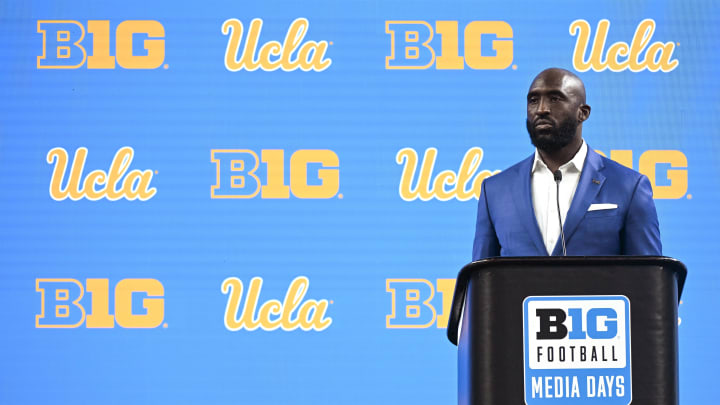 Jul 24, 2024; Indianapolis, IN, USA;  UCLA Bruins head coach DeShaun Foster speaks to the media during the Big 10 football media day at Lucas Oil Stadium. Mandatory Credit: Robert Goddin-USA TODAY Sports