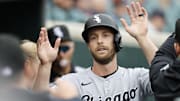 Detroit, Michigan, USA; Chicago White Sox outfielder Austin Slater (15) receives congratulations from teammates after scoring in the ninth inning against the Detroit Tigers at Comerica Park.