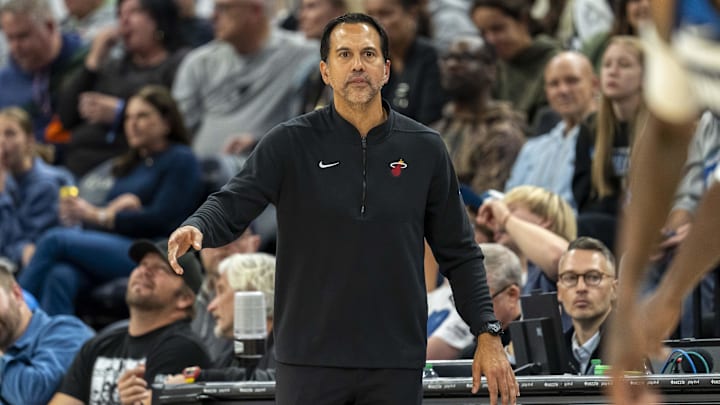 Miami Heat head coach Erik Spoelstra looks on during a November 10 game against the Minnesota Timberwolves in the second half at Target Center. Miami Heat head coach Erik Spoelstra looks on during a November 10 game against the Minnesota Timberwolves in the second half at Target Center.