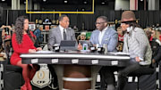 Jan 20, 2025; Atlanta, GA, USA; The hosts of ESPN First Take, Molly Qerim, Stephen A. Smith, Shannon Sharpe and Cam Newton, at the CFP Fan Central at the George World Congress Center. Mandatory Credit: Kirby Lee-Imagn Images