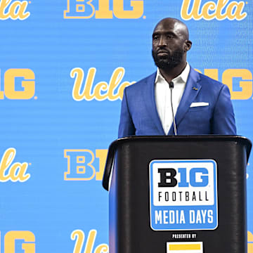 UCLA Bruins head coach DeShaun Foster speaks to the media during the Big 10 football media day at Lucas Oil Stadium.