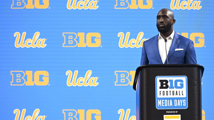 Jul 24, 2024; Indianapolis, IN, USA;  UCLA Bruins head coach DeShaun Foster speaks to the media during the Big 10 football media day at Lucas Oil Stadium. Mandatory Credit: Robert Goddin-USA TODAY Sports