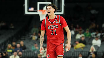 Nov 25, 2025; Las Vegas, Nevada, USA; San Diego State Aztecs guard Miles Byrd (21) reacts in the second half against the Oregon Ducks.