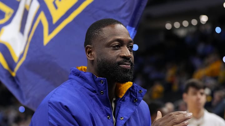 Feb 7, 2026; Milwaukee, Wisconsin, USA;  Former Marquette player Dwyane Wade looks on prior to the game against the Butler Bulldogs at Fiserv Forum. Mandatory Credit: Jeff Hanisch-Imagn Images