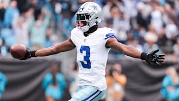Oct 12, 2025; Charlotte, North Carolina, USA; Dallas Cowboys wide receiver George Pickens (3) celebrates a touchdown during the second half against the Carolina Panthers at Bank of America Stadium. Mandatory Credit: Scott Kinser-Imagn Images