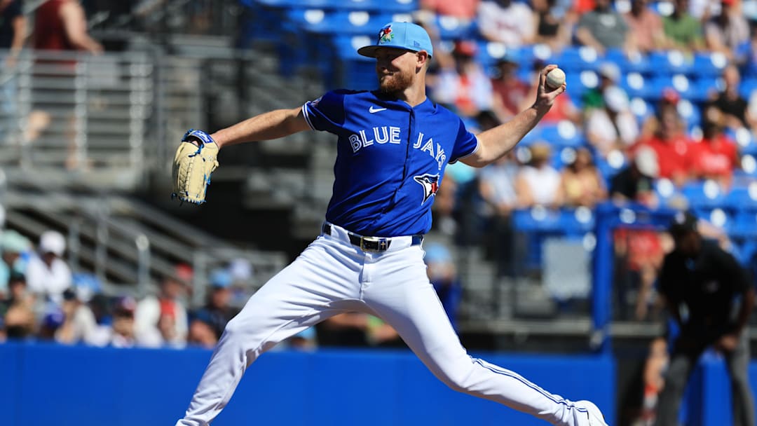Feb 21, 2026; Dunedin, Florida, USA;  Toronto Blue Jays starting pitcher Eric Lauer (56) throws a pitch during the first inning against the Philadelphia Phillies at TD Ballpark. Mandatory Credit: Kim Klement Neitzel-Imagn Images