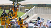Oct 4, 2025; Waco, Texas, USA; Baylor Bears defensive lineman Cooper Lanz (9) blocks a field goal attempt by Kansas State Wildcats quarterback Blake Barnett (13) at the end of the second half at McLane Stadium. Mandatory Credit: Chris Jones-Imagn Images
