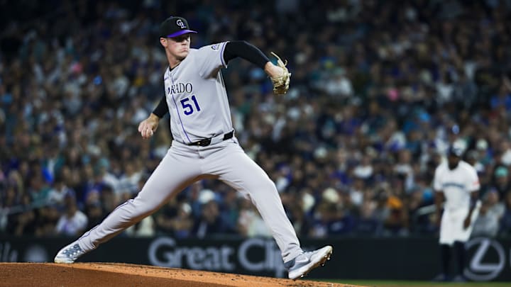 Sep 23, 2025; Seattle, Washington, USA; Colorado Rockies starting pitcher McCade Brown (51) throws against the Seattle Mariners during the third inning at T-Mobile Park. Mandatory Credit: Joe Nicholson-Imagn Images