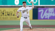 Aug 12, 2025; West Sacramento, California, USA; Athletics starting pitcher Jacob Lopez (57) throws a pitch during the first inning against the Tampa Bay Rays at Sutter Health Park. Mandatory Credit: Sergio Estrada-Imagn Images
