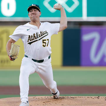 Aug 12, 2025; West Sacramento, California, USA; Athletics starting pitcher Jacob Lopez (57) throws a pitch during the first inning against the Tampa Bay Rays at Sutter Health Park. Mandatory Credit: Sergio Estrada-Imagn Images