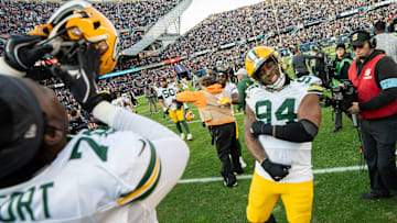 Green Bay Packers defensive end Karl Brooks (94) celebrate after blocking a field goal as time expired during their game Sunday, November 17, 2024 at Solider Field in Chicago, Illinois. The Green Bay Packers beat the Chicago Bears 20-19.

Mark Hoffman/Milwaukee Journal Sentinel