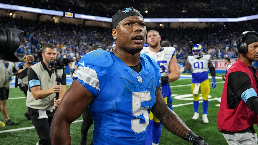 Detroit Lions running back David Montgomery (5) celebrates his game winning touchdown against Los Angeles Rams in overtime at Ford Field in Detroit on Sunday, September 8, 2024.