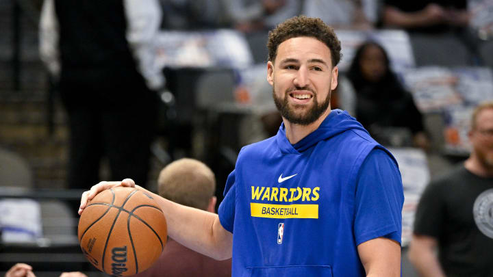 Mar 22, 2023; Dallas, Texas, USA; Golden State Warriors guard Klay Thompson (11) warms up before the game between the Dallas Mavericks and the Golden State Warriors at the American Airlines Center. Mandatory Credit: Jerome Miron-USA TODAY Sports