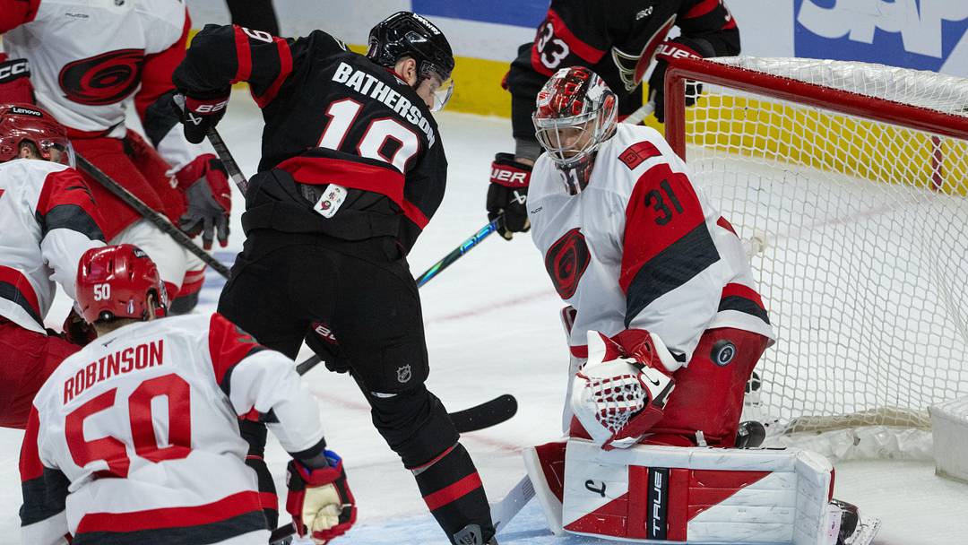 Apr 25, 2026; Ottawa, Ontario, CAN; Carolina Hurricanes goalie Frederik Andersen (31) makes a save on a shot from Ottawa Senators right wing Drake Batherson (19) in the third period of game four of the first round of the 2026 Stanley Cup Playoffs at the Canadian Tire Centre. Mandatory Credit: Marc DesRosiers-Imagn