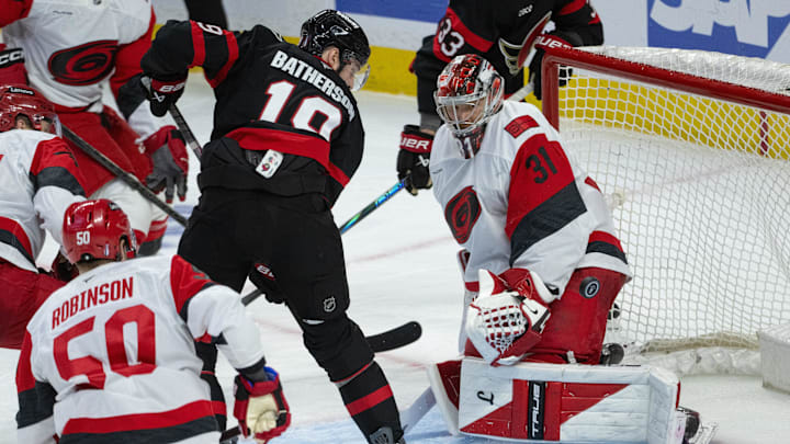 Apr 25, 2026; Ottawa, Ontario, CAN; Carolina Hurricanes goalie Frederik Andersen (31) makes a save on a shot from Ottawa Senators right wing Drake Batherson (19) in the third period of game four of the first round of the 2026 Stanley Cup Playoffs at the Canadian Tire Centre. Mandatory Credit: Marc DesRosiers-Imagn