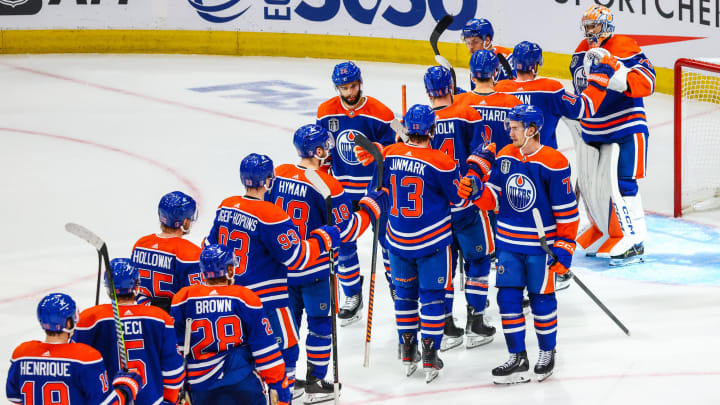 Jun 15, 2024; Edmonton, Alberta, CAN; Edmonton Oilers goaltender Stuart Skinner (74) celebrate win with teammates after defeating Florida Panthers in game four of the 2024 Stanley Cup Final at Rogers Place. 