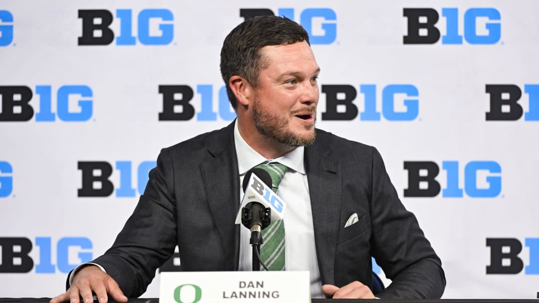 Jul 25, 2024; Indianapolis, IN, USA; Oregon Ducks head coach Dan Lanning speaks to the media during the Big 10 football media day at Lucas Oil Stadium. Mandatory Credit: Robert Goddin-USA TODAY Sports