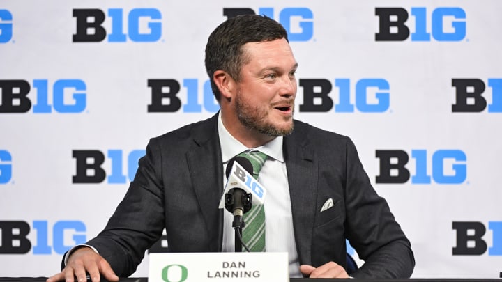 Jul 25, 2024; Indianapolis, IN, USA; Oregon Ducks head coach Dan Lanning speaks to the media during the Big 10 football media day at Lucas Oil Stadium. Mandatory Credit: Robert Goddin-USA TODAY Sports