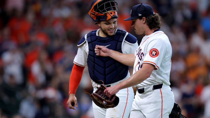 Jul 13, 2024; Houston, Texas, USA; Houston Astros designated hitter Yainer Diaz (21) congratulates pitcher Bryan King (74).