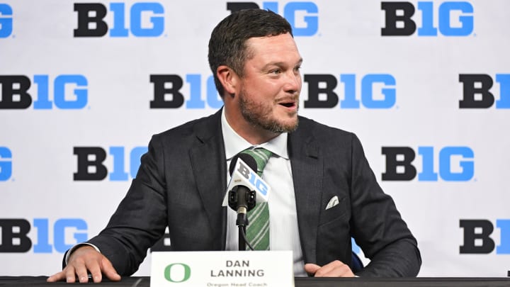 Jul 25, 2024; Indianapolis, IN, USA; Oregon Ducks head coach ??Dan Lanning speaks to the media during the Big 10 football media day at Lucas Oil Stadium. Mandatory Credit: Robert Goddin-USA TODAY Sports