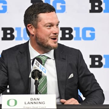 Jul 25, 2024; Indianapolis, IN, USA; Oregon Ducks head coach Dan Lanning speaks to the media during the Big 10 football media day at Lucas Oil Stadium.