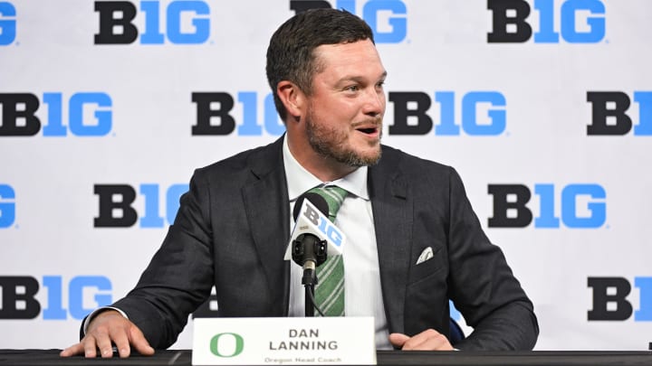 Jul 25, 2024; Indianapolis, IN, USA; Oregon Ducks head coach Dan Lanning speaks to the media during the Big 10 football media day at Lucas Oil Stadium.