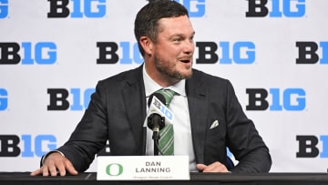 Jul 25, 2024; Indianapolis, IN, USA; Oregon Ducks head coach ??Dan Lanning speaks to the media during the Big 10 football media day at Lucas Oil Stadium. Mandatory Credit: Robert Goddin-USA TODAY Sports