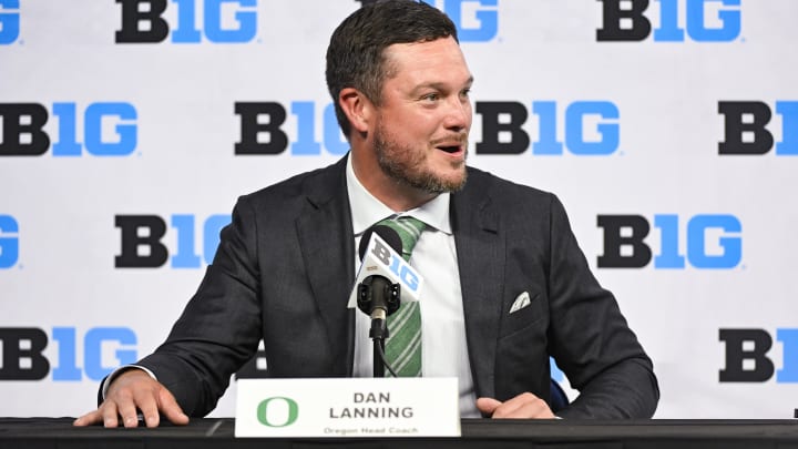 Jul 25, 2024; Indianapolis, IN, USA; Oregon Ducks head coach ??Dan Lanning speaks to the media during the Big 10 football media day at Lucas Oil Stadium. Mandatory Credit: Robert Goddin-USA TODAY Sports