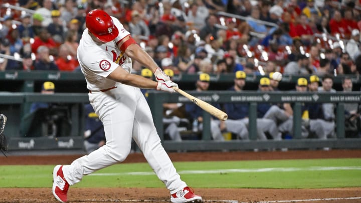 Aug 21, 2024; St. Louis, Missouri, USA;  St. Louis Cardinals pinch hitter Luken Baker (26) hits a two run home run against the Milwaukee Brewers during the seventh inning at Busch Stadium. Mandatory Credit: Jeff Curry-USA TODAY Sports