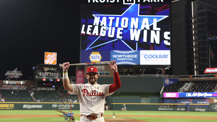 National League designated hitter Kyle Schwarber of the Philadelphia Phillies celebrates after defeating the American League in the 2025 MLB All Star Game at Truist Park. National League designated hitter Kyle Schwarber of the Philadelphia Phillies celebrates after defeating the American League in the 2025 MLB All Star Game at Truist Park.